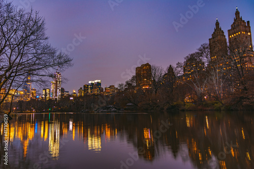 Amazing New York City Skyline from Central Park Pond