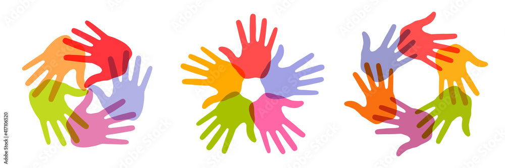 Hand Print circle icon set. Colorful bright design element. Handprint emblems. Hand round insignia. Vector logo
