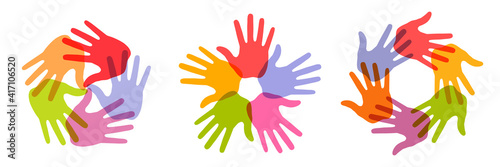 Hand Print circle icon set. Colorful bright design element. Handprint emblems. Hand round insignia. Vector logo