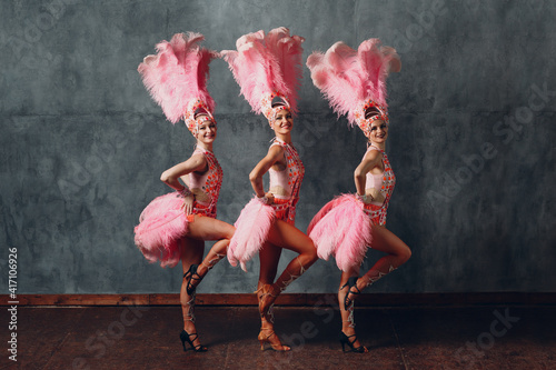 Women in cabaret costume with pink feathers plumage dancing samba Fotobehang