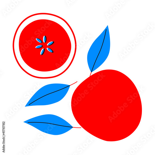 Apple and apple slice cartoon flat illustration. Red apple vector. Fruits simple abstract illustration. Summer print.