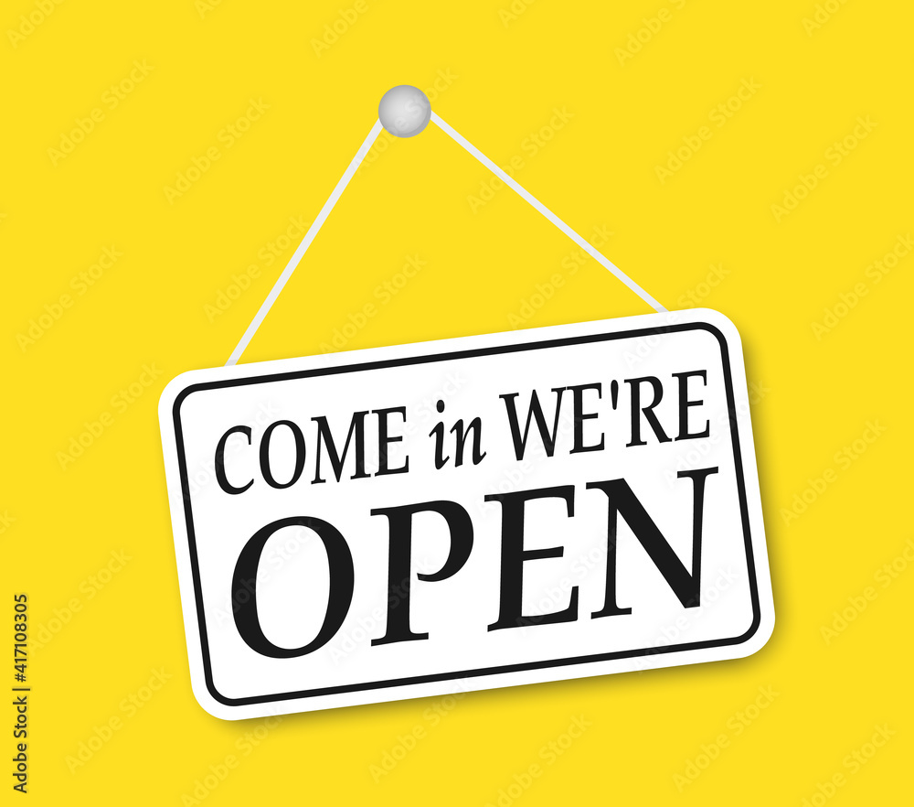Shop sign: Come in we are Open, with shadow isolated on yellow background. Come in we are open sign on signboard with rope for business, online shopping. Vector illustration. eps10 Shop sign: Come in we are Open, with shadow isolated on yellow background. Come in we are open sign on signboard with rope for business, online shopping. Vector illustration. eps10