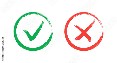 Check mark - stock vector. Tick and cross brush signs. Hand drawn Grunge Green checkmark OK and red X, Painted with Brush symbols YES and NO button for vote in circle.