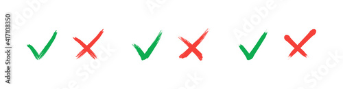 Check mark - stock vector. Tick and cross brush signs. Hand drawn Grunge Green checkmark OK and red X, Painted with Brush symbols YES and NO. Symbol icons check boxes, choice options, survey signs.