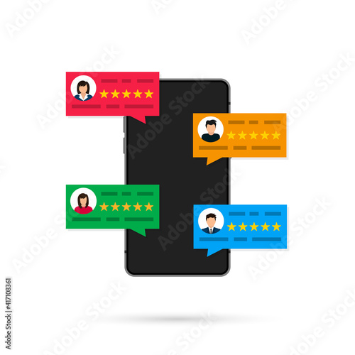 User reviews. Mobile phone with customer reviews, flat cartoon design of smartphone display and online reviews or customer reviews, experience or feedback concept, star rating, notifications. Vector