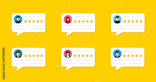 User reviews and feedback concept. User reviews online. Customer feedback review experience rating concept. User client service message. Vector illustration. EPS 10