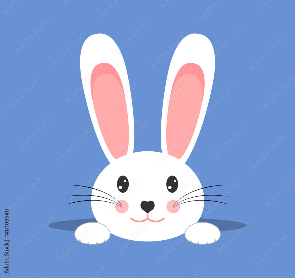 Fototapeta premium White cute easter bunny on blue background. White hare crawls out of the mink. Funny bunny. Vector illustration