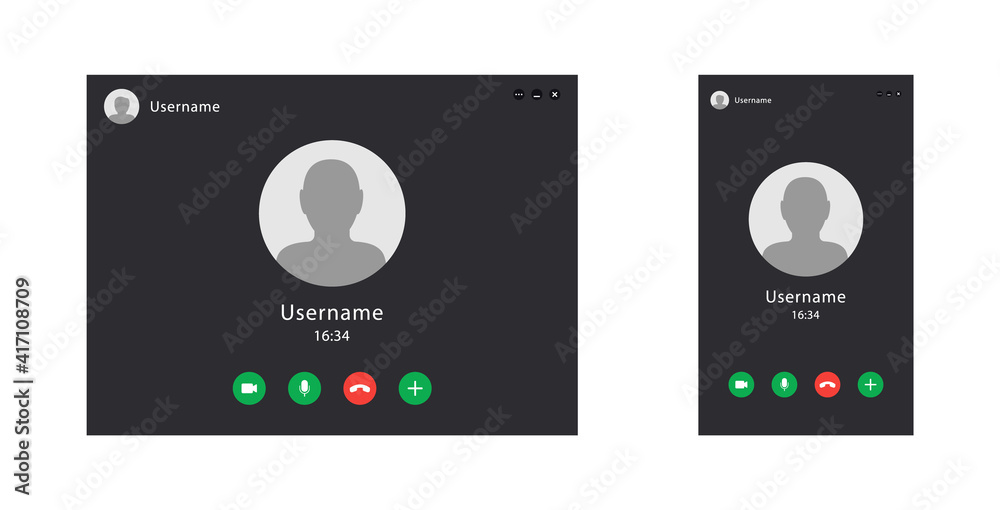 Two video call screens. Set of computer and mobile screens. Application for communication via internet. Vector minimalistic illustration.EPS 10