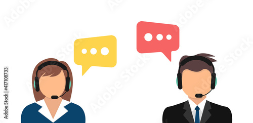 Call center. Support service. Male and female call center working in headphones. Man and woman in headset. Customer service and communications. Avatar operator of call center. Vector illustration.