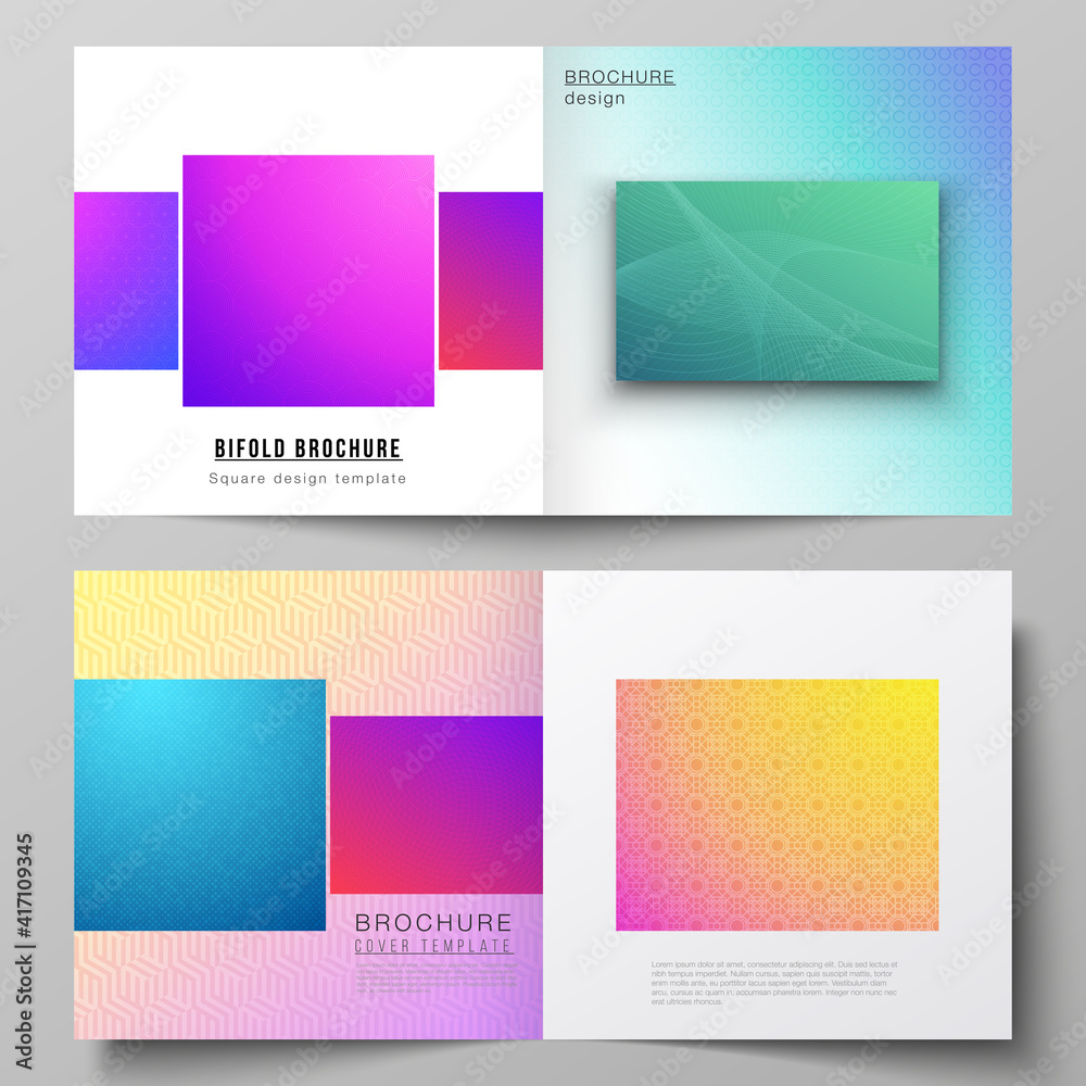 Naklejka premium The vector illustration of editable layout of two covers templates for square design bifold brochure, magazine, flyer, booklet. Abstract geometric pattern with colorful gradient business background