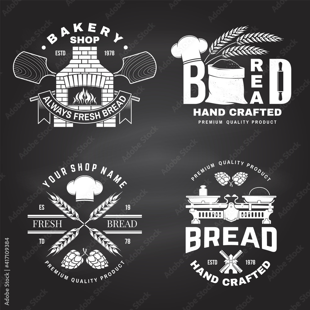 Fototapeta premium Set of bakery badge, logo. Vector. Typography design with farm, ears of wheat, old oven, windmill silhouette. Template for restaurant identity objects, packaging and menu