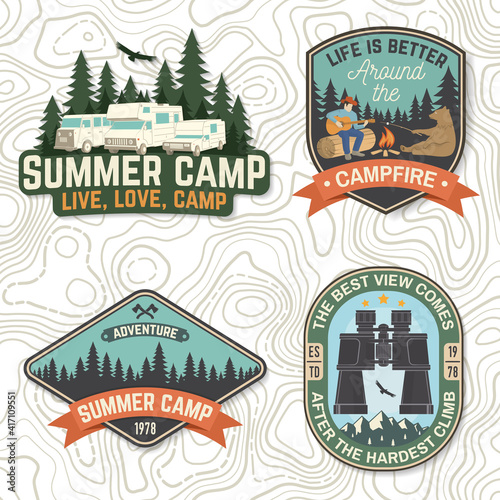 Set of Summer camp patches Vector Concept for shirt or logo, print, stamp, patch or tee. Vintage typography design with man, bear with marshmallow, cempfire, camping tent, forest, mountain silhouette