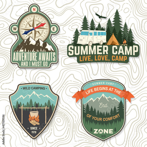 Set of camping badges, patches. Vector illustration. Concept for shirt or logo, print, stamp or tee. Vintage typography design with camping tent, forest and camper compass silhouette