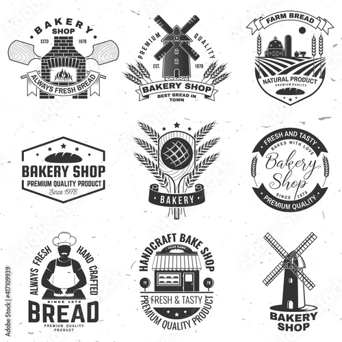 Set of Bakery shop badge. Vector Design with windmill, rolling pin, dough, wheat ears, old oven, wooden bread shovels silhouette. For restaurant, bakery identity objects, packaging menu