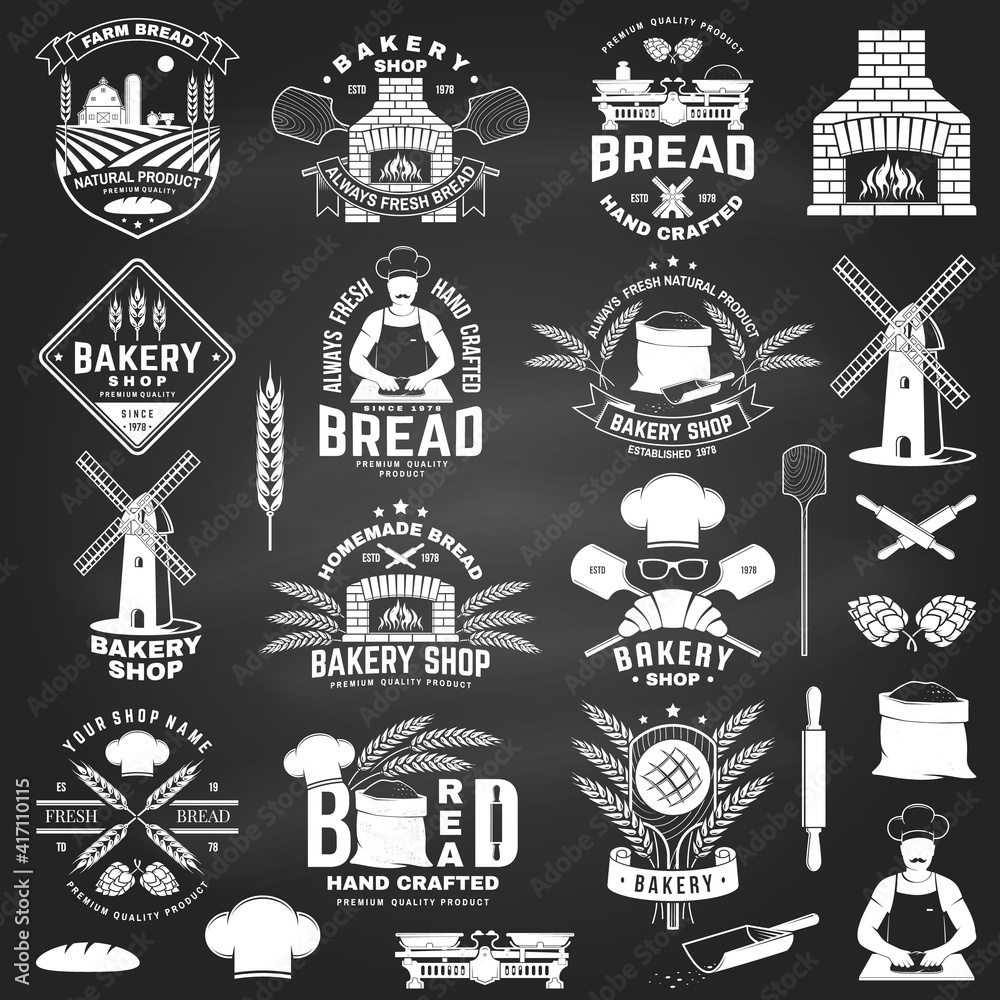 Fototapeta premium Set of Bakery shop badge. Vector Design with windmill, rolling pin, dough, wheat ears, old oven, wooden bread shovels silhouette. For restaurant, bakery identity objects, packaging menu