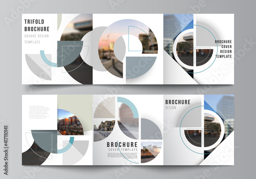 Vector layout of square covers design templates for trifold brochure, flyer, cover design, book, brochure cover. Background with abstract circle round banners. Corporate business concept template.
