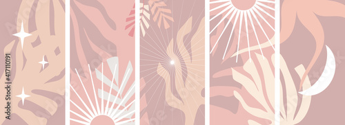 Vector set of covers and backgrounds in soft pastel boho tones. The sun, moon, and stars are white on the leaves.Vector illustration for post templates, postcards, and social networks.