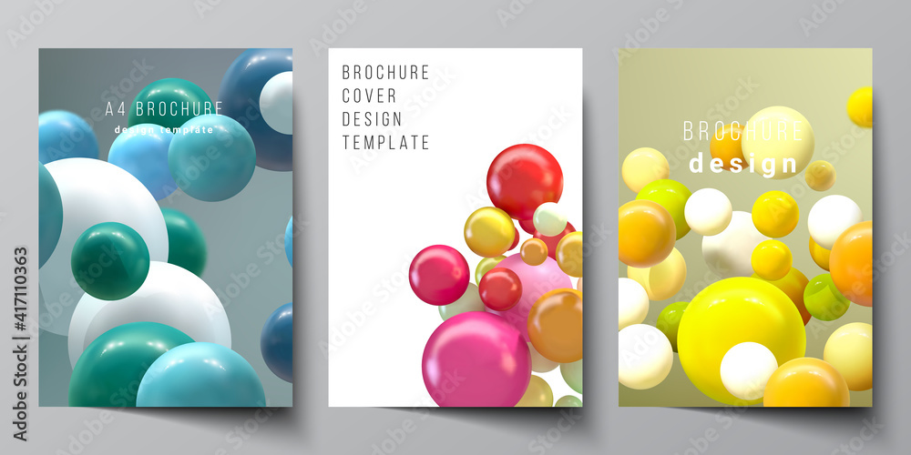 Vector layout of A4 cover mockups templates for brochure, flyer layout, booklet, cover design, book design. Abstract vector futuristic background with colorful 3d spheres, glossy bubbles, balls.