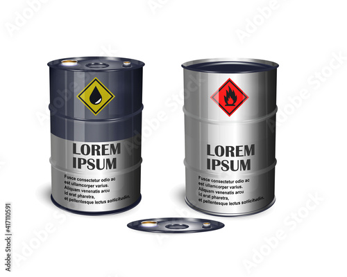 Glossy metal barrel with a volume of 200 liters. Container for liquid chemical products - oil, fuel, gasoline. Photorealistic vector 3d packaging mockup template with sample design.