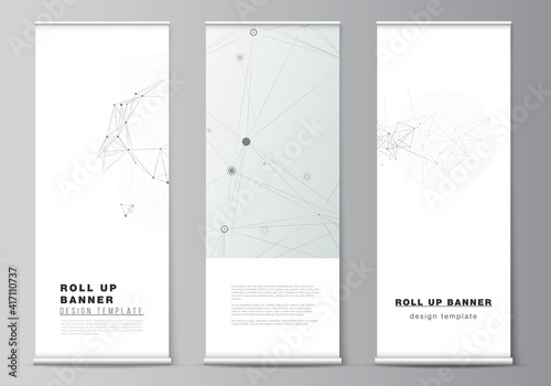 Vector layout of roll up mockup templates for vertical flyers, flags design templates, banner stands, advertising mockups. Gray technology background with connecting lines and dots. Network concept.