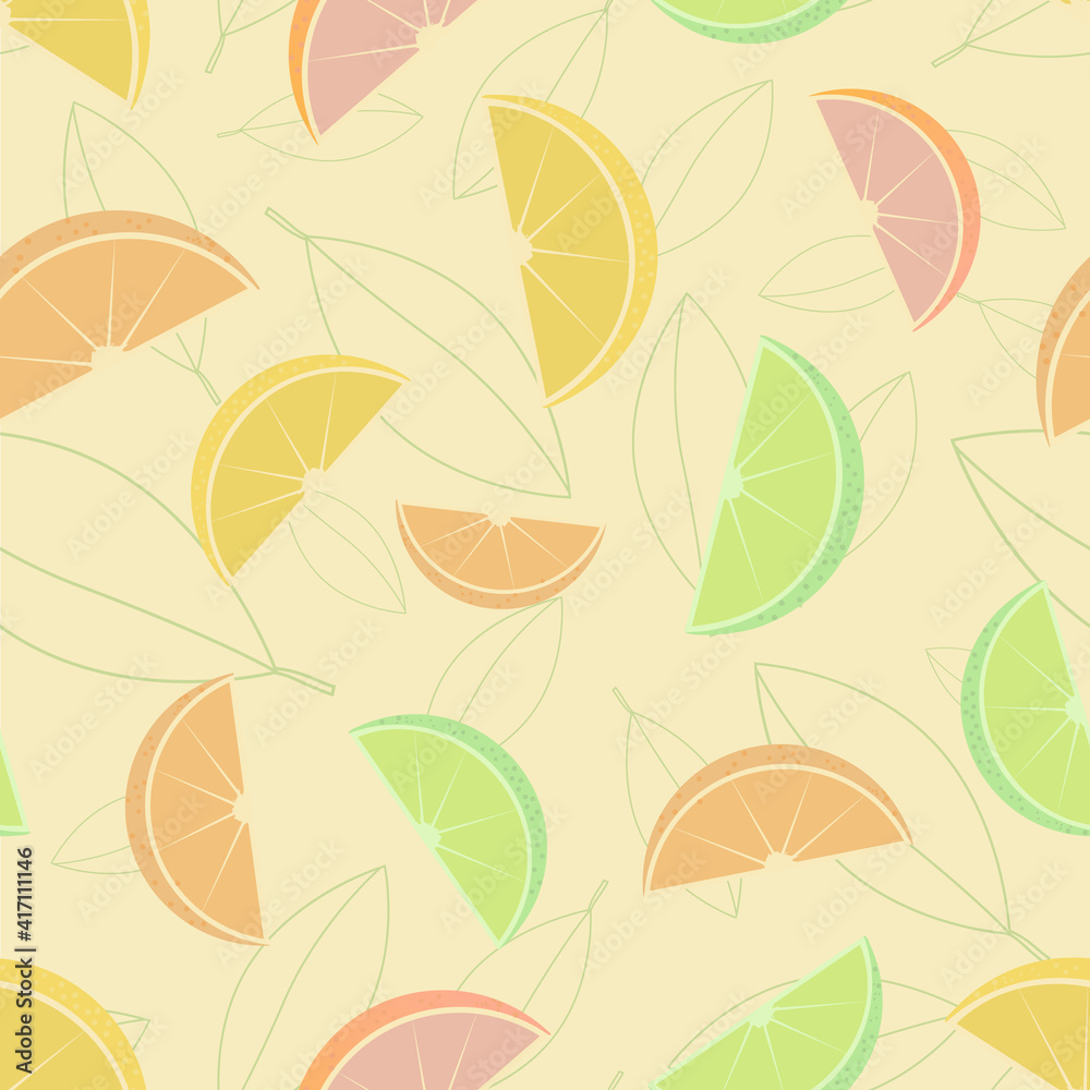 Vector seamless pattern of citrus slices and leaves silhouettes on a light yellow background.