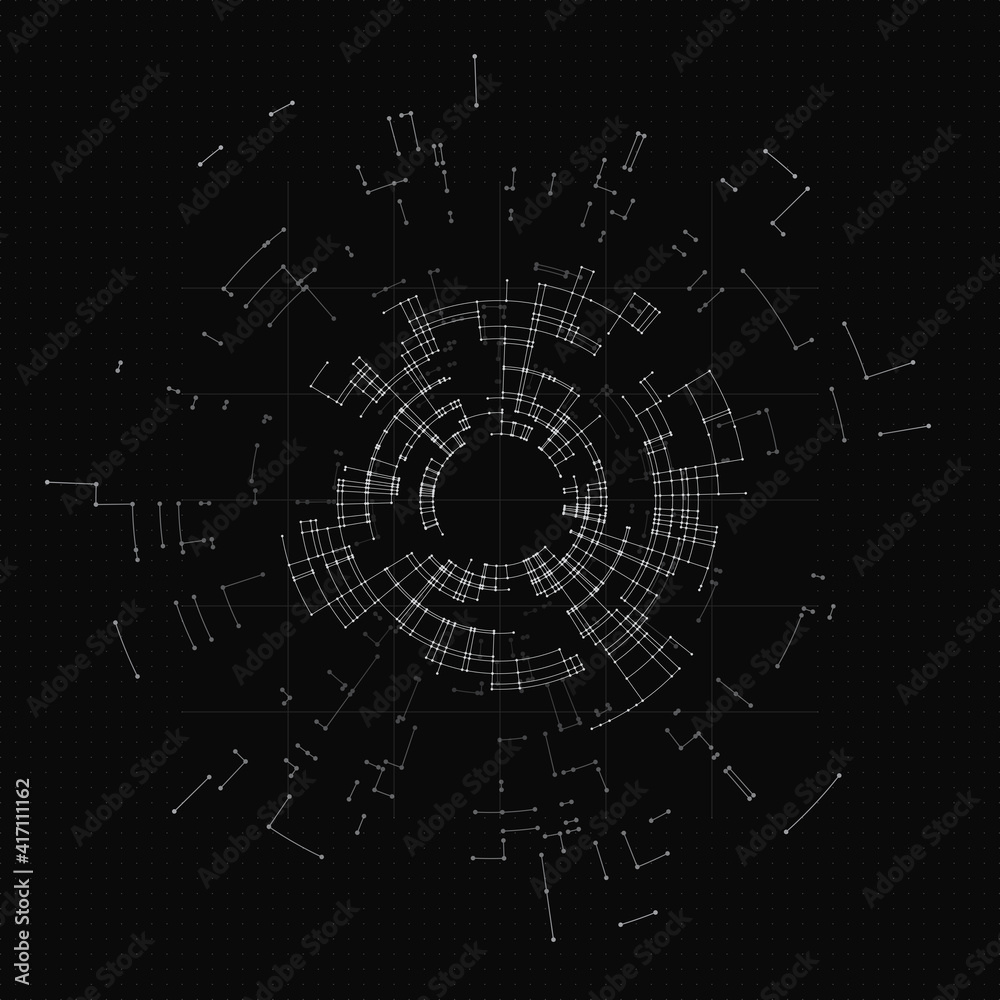 Black color polygonal science background. Digital data visualization with abstract dynamic motion with connected lines and dots. Science, medicine and technology design technology background.