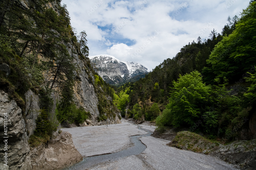 Winding stream leading to beautiful snow capped mountains