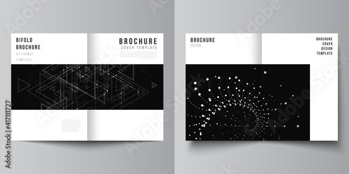 Vector layout of two A4 cover mockups templates for bifold brochure, flyer, cover design, book design. Abstract technology black color science background. Digital data. Minimalist high tech concept.