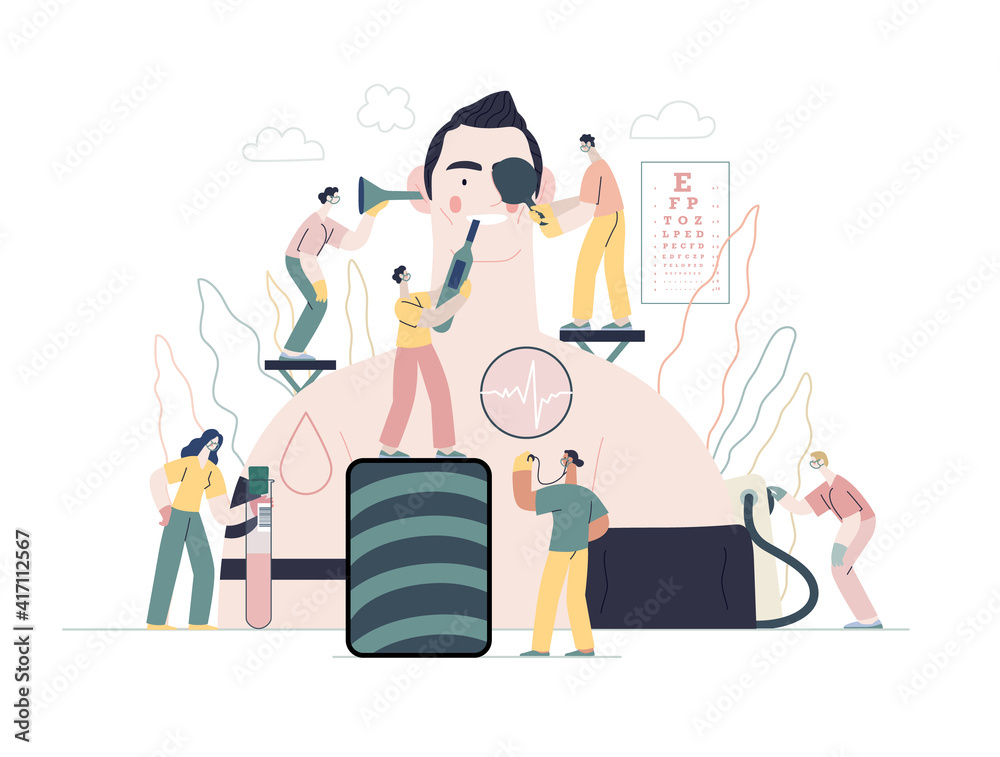 Annual health checkups -medical insurance illustration -modern flat vector concept digital illustration -doctors examing male patient checking hearing, vision, heart, lungs, blood pressure, blood test