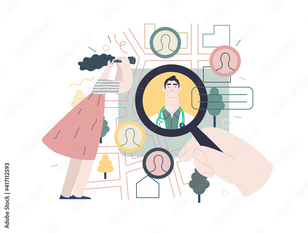 Find a doctor -medical insurance illustration -modern flat vector concept digital illustration - a hand with a magnifying glass, a woman with binocular, doctors portraits - a doctor searching metaphor Find a doctor -medical insurance illustration -modern flat vector concept digital illustration - a hand with a magnifying glass, a woman with binocular, doctors portraits - a doctor searching metaphor