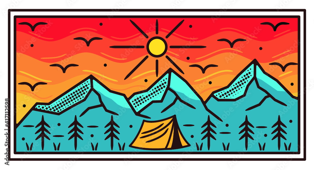 camp in mountain monoline vintage outdoor badge design