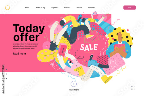 Discounts, sale, promotion vignette - web template - modern flat vector concept illustration of people crowd running in the pursuit of the discounts, with a big percent sign. Today sale