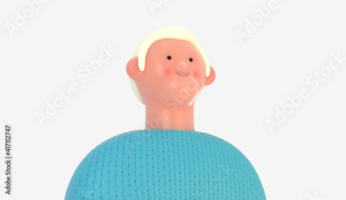 3D Bright people portrait - 3D render design concept illustration of a plastuc doll of a young man, face and shoulders avatar. User picture volumetric icon