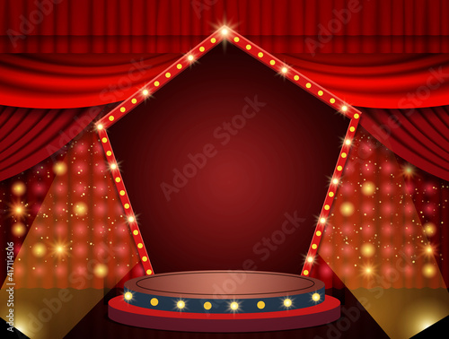 Background with red theatre curtain, retro arch banner and podium