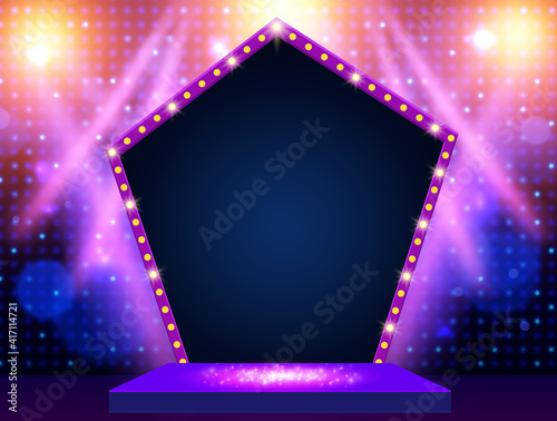 Mosaic background with blue and yellow spotlights and round banner. Design for presentation, concert, show