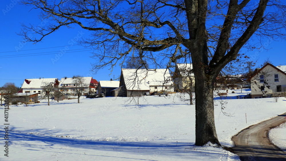 winterliches Schwarzwalddorf mit Häusern, Baum  und Schnee unter blauem Himmel