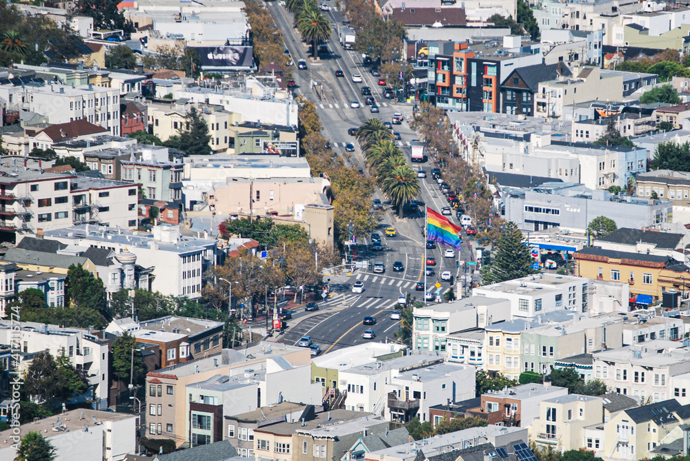 San Francisco, USA, September 17th 2015: Aerial view of a flag with LGTBI colors in the Castro neighborhood in San Francisco, United States