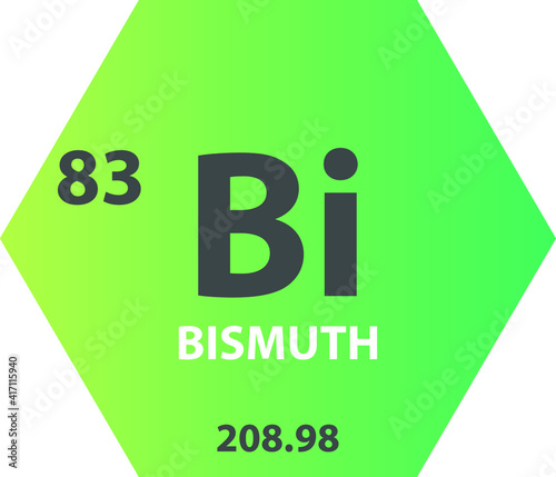 Bi Bismuth Post transition metal Chemical Element vector illustration diagram, with atomic number and mass. Simple gradient fla hexagon esign for education, lab, science class.