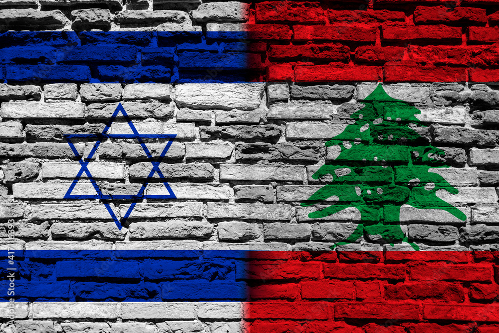 Flag of Israel and Lebanon on brick wall Flag of Israel and Lebanon on brick wall