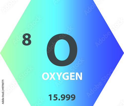 O Oxygen Non reactive metal Chemical Element vector illustration diagram, with atomic number and mass. Simple gradient fla hexagon esign for education, lab, science class.