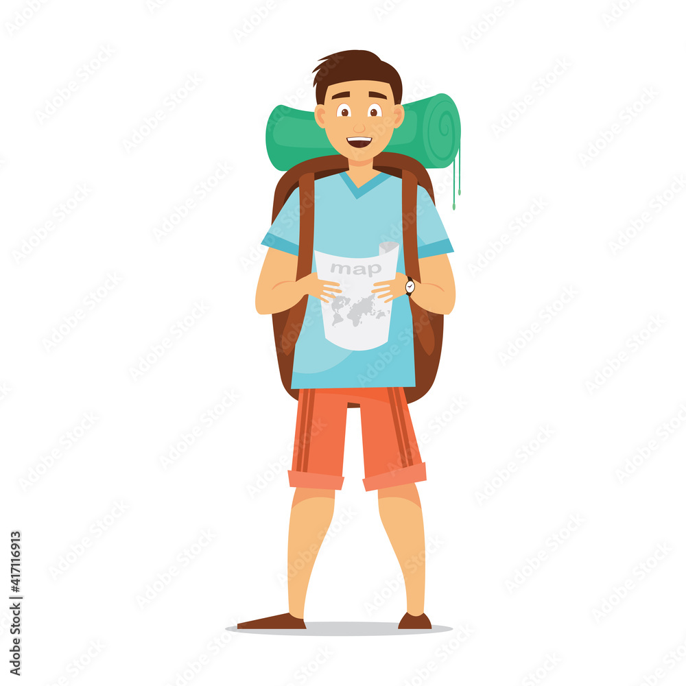Young tourists, traveling man. Travel and tourism concept. Vector illustration isolated on white background