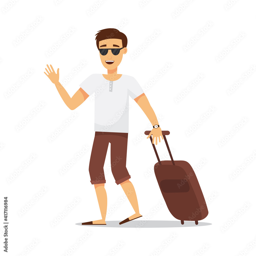 Young tourists, traveling man. Travel and tourism concept. Vector illustration isolated on white background Young tourists, traveling man. Travel and tourism concept. Vector illustration isolated on white background