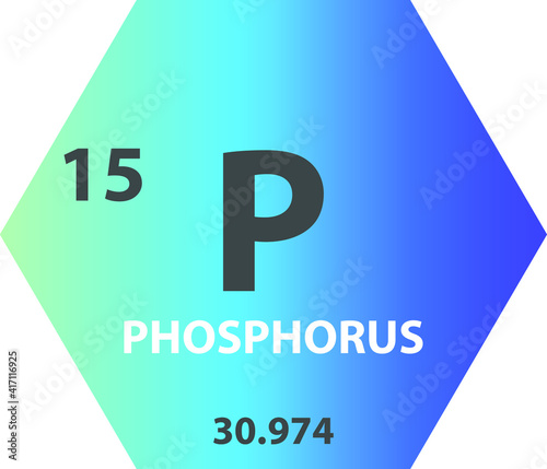 P Phosphorus Non reactive metal Chemical Element vector illustration diagram, with atomic number and mass. Simple gradient hexagon for education, lab, science class.
