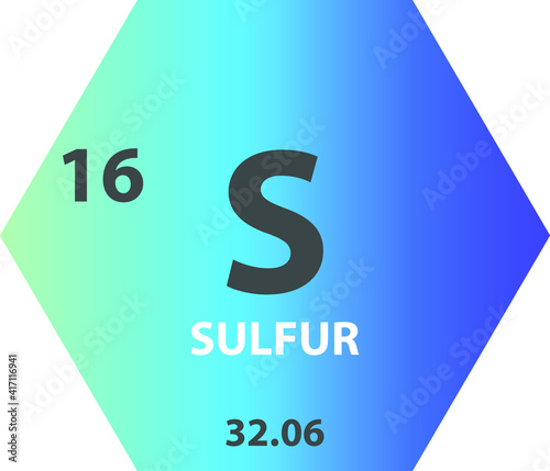 S Sulfur Non reactive metal Chemical Element vector illustration diagram, with atomic number and mass. Simple gradient hexagon for education, lab, science class.
