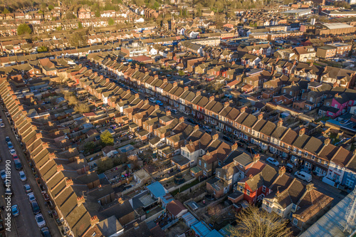 Aerial View of Terraced Working Class Housing in Luton at Sunset
