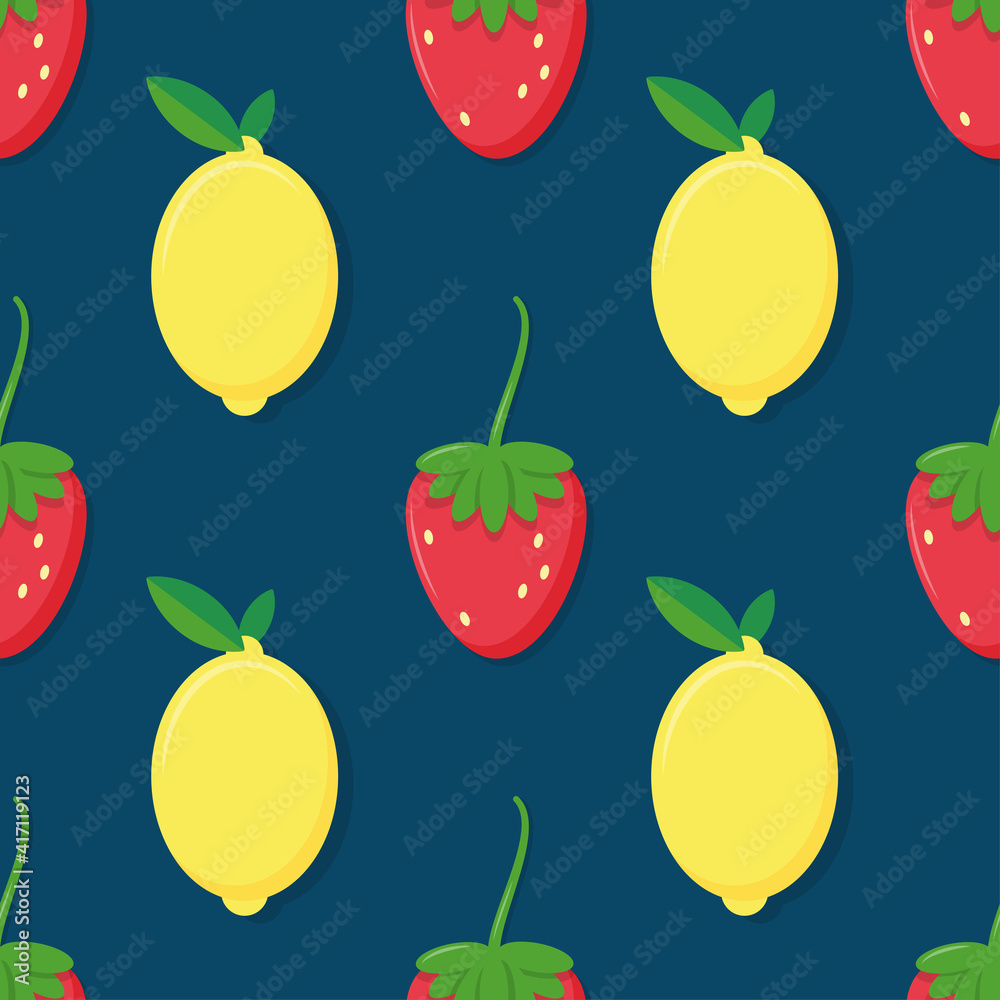 Strawberries and lemons on deep blue seamless pattern. Vector illustration. Strawberries and lemons on deep blue seamless pattern. Vector illustration.