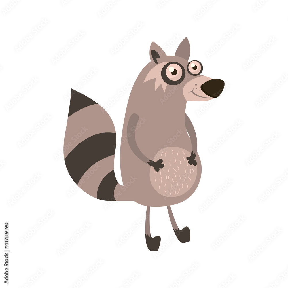 Cartoon animal, cute raccoon. Flat design. Vector illustration isolated on white background