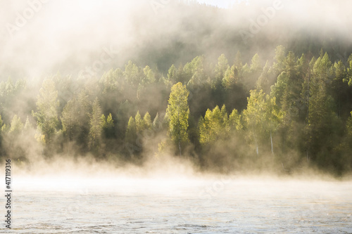 Summer foggy morning at Small Yenisei river. Forest on the river bank. photo
