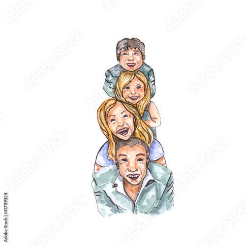 Watercolor drawing of a Happy Family of four