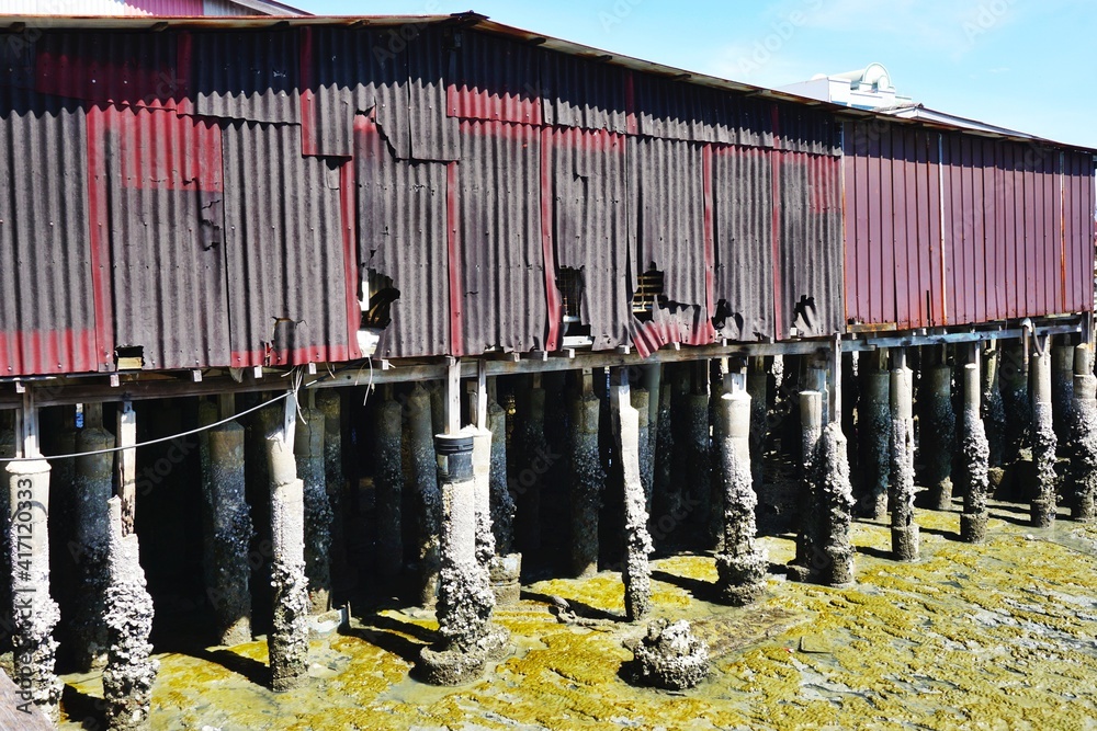 Funky old waterfront warehouse with weathered and damaged faded red siding on concrete pilings above slimy green mudflats